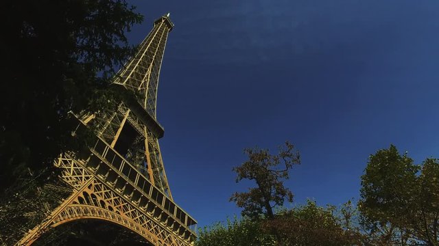 A smooth camera flight through the trees close to the Eiffel Tower in Paris in front of the blue sky.