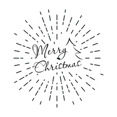 Lettering of Merry Christmas with retro sun rays Isolated on white background.