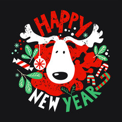Illustration of a moose's head and the inscription handmade With happy New year on black background with a design of tree branches, candy and Christmas toys. For posters, postcards, flyers, invitation