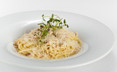 spaghetti carbonara with cream on white plate