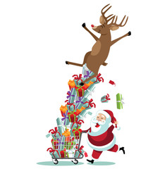Cartoon Santa Claus and his reindeer go Christmas shopping, Santa pushes the reindeer riding a huge pile of gifts in a shopping cart.