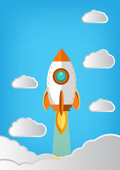 Naklejka na ściany i meble Rocket flew to the sky through the clouds. flat illustrator vector design , Illustrator for business product on a market concept