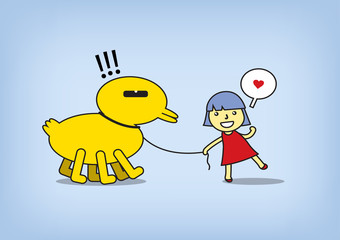 Happy children and her duck , Flat cartoon design