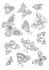 Isolated fantasy decorative butterflies. Hand drawn picture. Sketch for anti-stress adult coloring book in zen-tangle style. Vector illustration for coloring page.