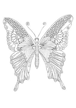 Isolated fantasy decorative butterfly. Hand drawn picture. Sketch for anti-stress adult coloring book in zen-tangle style. Vector illustration for coloring page.