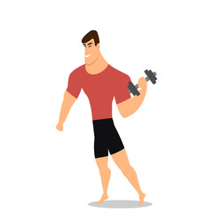 Athlete strong man character holding dumbbell. Vector