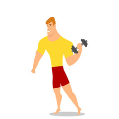 Young man, male bodybuilder, weightlifter doing bicep workout, training arms with dumbbells,