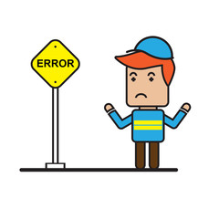 Worker with under construction sign , flat cartoon design