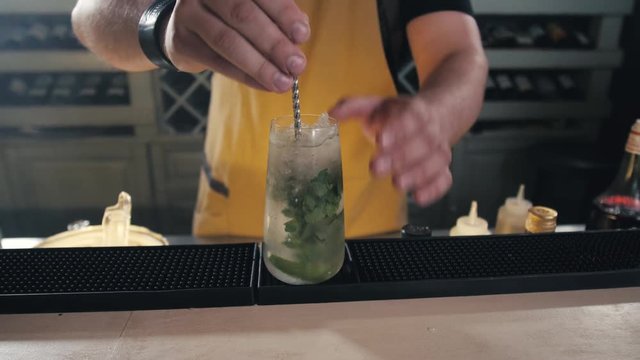 The bartender making cocktail Mojito in a nightclub bar, shot with smoke machine, professional modern bar
