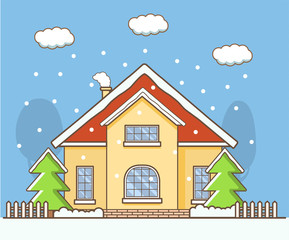 Winter landscape with the country private house.Pine tree covered with snow and smoking chimney.Suburban rural cottage.Concept of a card or poster in winter time the falling snowflakes christmas tree