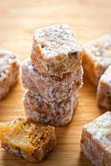 Christmas stollen slices with icing sugar, festive decoration