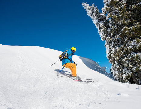 Professional freeride skier skiing in the mountains on a sunny winter day. Blue sky and winter forest on the background