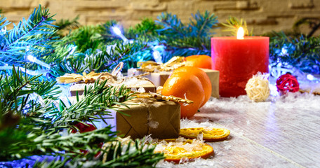 Christmas festive card with fir branches and festive decor