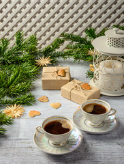 Christmas festive card with fir branches and festive decor