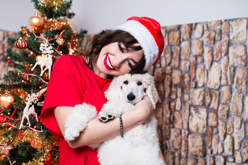 Beautiful young woman celebrating winter holidays with her standard poodle puppy.