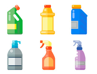 Bottles of household chemicals supplies cleaning housework plastic detergent liquid domestic fluid cleaner pack vector illustration.