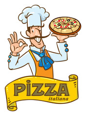 Funny italian chef with pizza. Emblem design