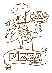 Funny italian chef with pizza. Emblem design