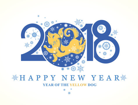 Dog 2018 symbol on the Chinese calendar. Cute puppy catches snowflakes. Year of the Yellow Dog. Vector template for New Year's design. 