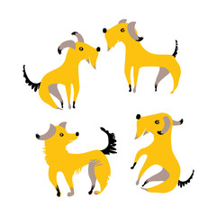 Four funny yellow dogs. Cartoon puppies illustration. Hand drawn characters for design year of the dog 2018.
