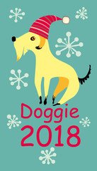 Funny doggie in a Santa cap is sitting under snowflakes. Hand drawn card for the year of the dog 2018.  Happy New Year! 