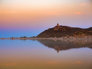 Notteri Pond (famous for the presence of pink flamingos) at dusk. Sardinia, Italy.