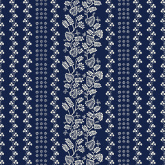 Indigo block printed seamless ornament. Vector ethnic floral pattern, Russian folk motif with leaves, vines and stripes of blocks, ecru on navy blue background. Textile print.