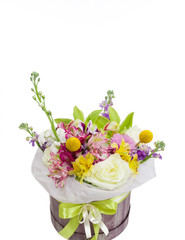 Naklejka na ściany i meble Bright flower bouquet in paper box isolated on white