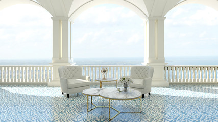 3d render from imagine classic luxury balcony sea view  Italy Mediterranean armchair