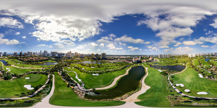 Aerial drone image spherical equirectangular panorama Aventura Golf Course Florida USA