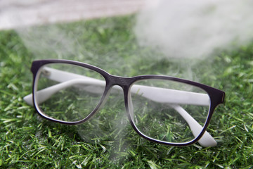 Eyeglass frames in smoke on a background of faux green grass
