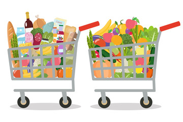 Grocery in a shopping cart and vegetables and fruits in a cart. Vector illustration. Flat design.