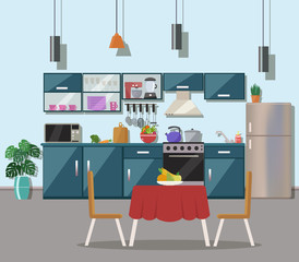 Kitchen interior  with table, stove, cupboard, dishes, appliances, utensils and fridge. Flat design.