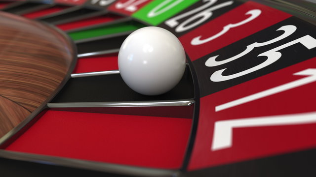 Casino roulette wheel ball hits 35 thirty-five black. 3D rendering