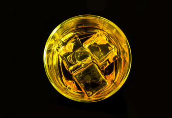 Glass of scotch whiskey and ice on dark background