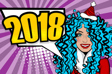 Cartoon smiling sexy girl say 2018 New year. Woman pop art greeting New Year. Vintage popart poster. Wow face kitsch vector illustration. Speech bubble. Comics book text radial background.