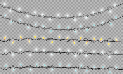 Christmas lights isolated realistic design elements. Glowing lights for Xmas Holiday greeting card design. Garlands, Christmas decorations.