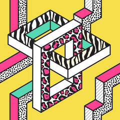 Fototapeta premium Abstract Memphis Seamless Patterns with 3d Geometric Shapes. Fashion 80s 90s Fabric Design. Trendy Hipster Background. Vector illustration