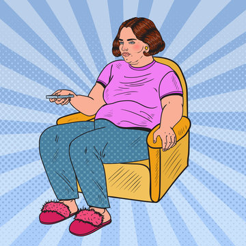 Pop Art Fat Woman Watching TV with Remote Controller. Unhealthy Eating. Vector illustration