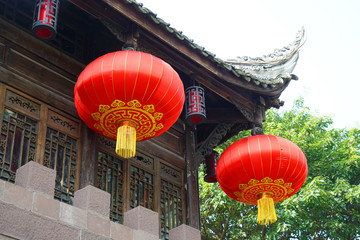 Ancient traditional Chinese house with red lantern hanging exterior