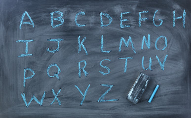 English alphabet letters written on chalk board with eraser