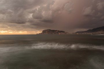 Alanya castle rock at sunset. Long exposure seascape 