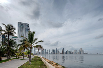 Skyline and coastline of Cartagena from the port and residential building side of the city