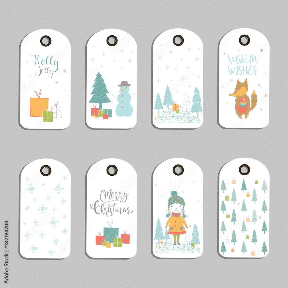 Poster Set of 8 cute Christmas gift tags, cards with lettering Merry Christmas, animals, presets, tree and snowflakes.