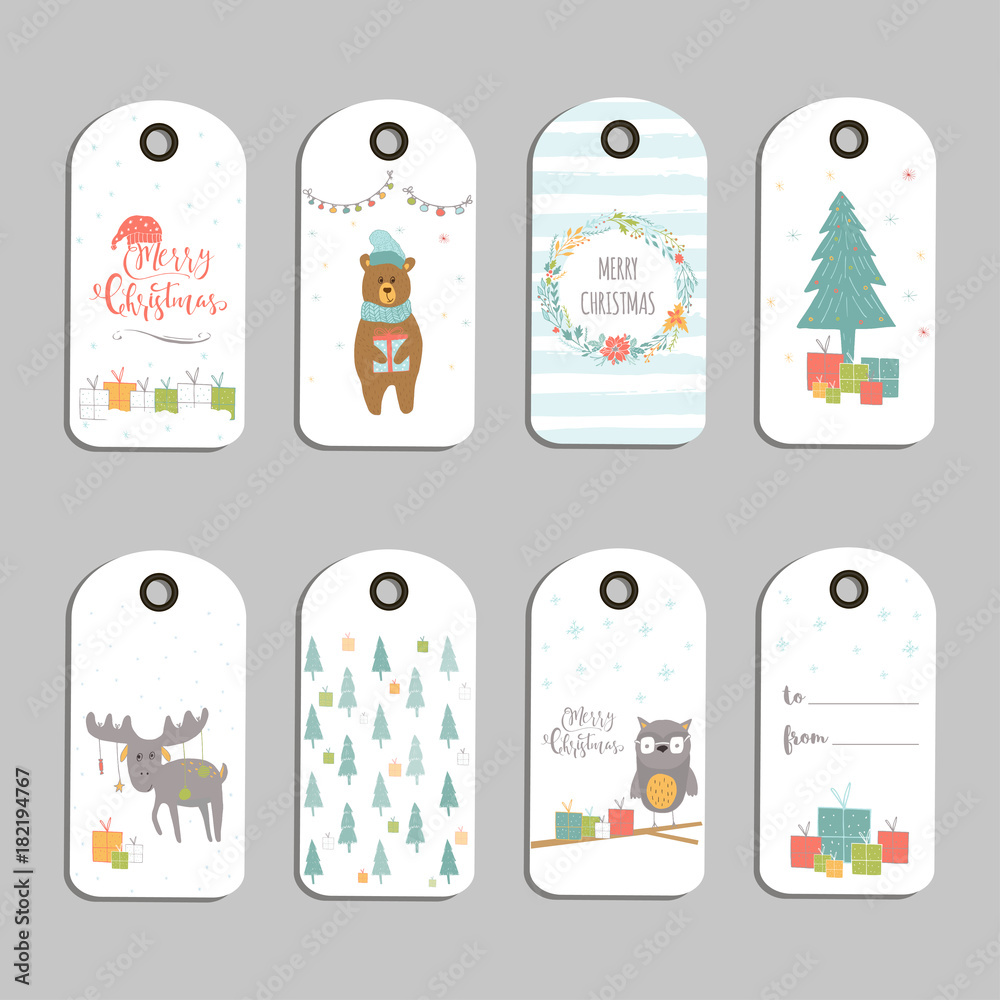 Wall mural Set of 8 cute Christmas gift tags, cards with lettering Merry Christmas, animals, presets, tree and snowflakes.