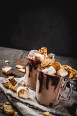 Traditional fall and winter cocktails, alcohol. Campfire hot chocolate eggnog cocktail with salted...