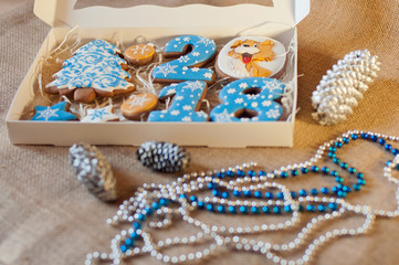 Beautiful honey cookies in present box laying on sackcloth background near holiday decorations