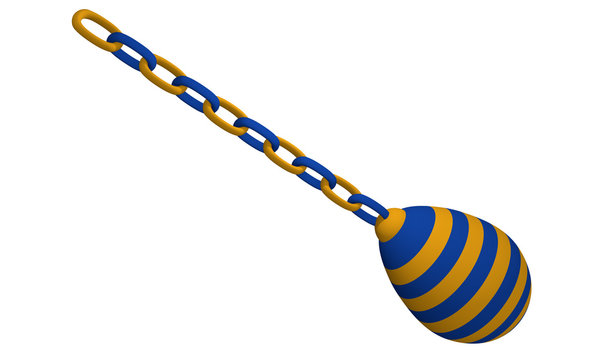 gelb-blau gestreiftes Deko-Ei, dass an einer Kette hängt.