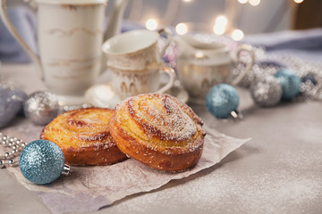 Buns with Christmas or New Year holiday decoration.