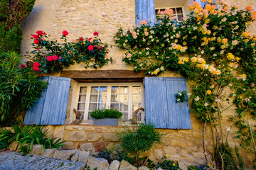 Façade d'une maison en pierre en Provence, village d'Ansuis, France avec de rosier jaunes et roses.